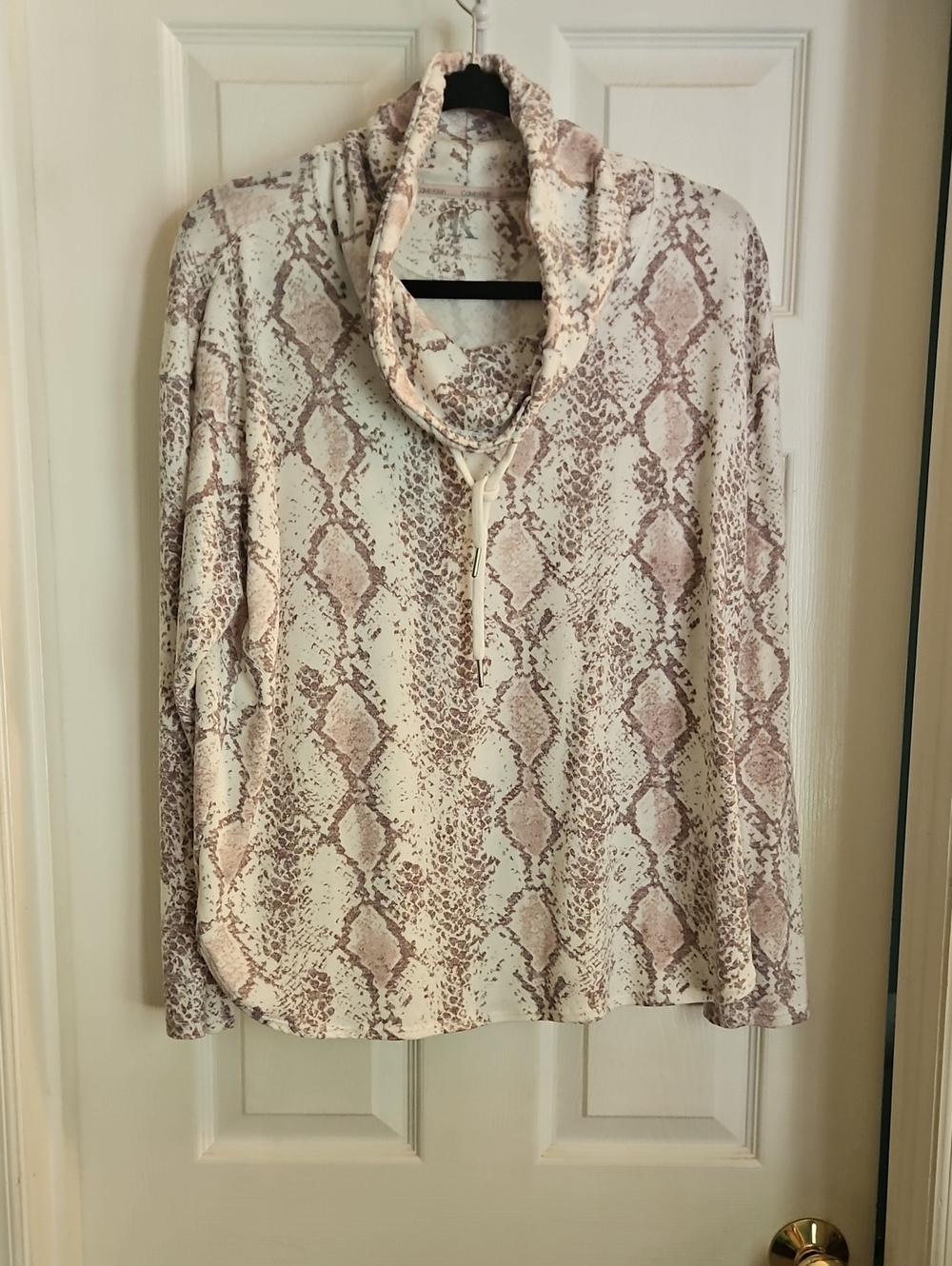 Calvin Klein Cream and Taupe Snake Print Cowl Neck Top Medium